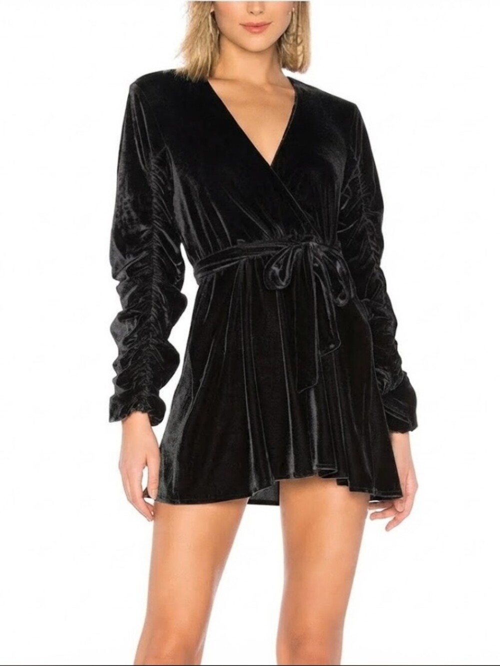 Aritzia Tularosa Black Velvet Wrap Mini Dress with Tie Waist Size M